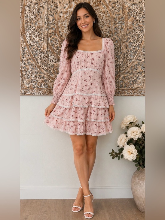 Lulus Dresses & Skirts - Lulus Lasting Bliss Pink Floral Coquette Ruffled Square Neck Summer Mini Dress